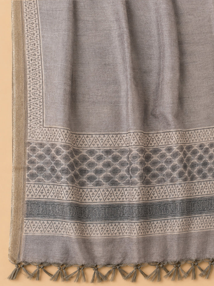 Grey Printed Chanderi Unstitched Dress Material