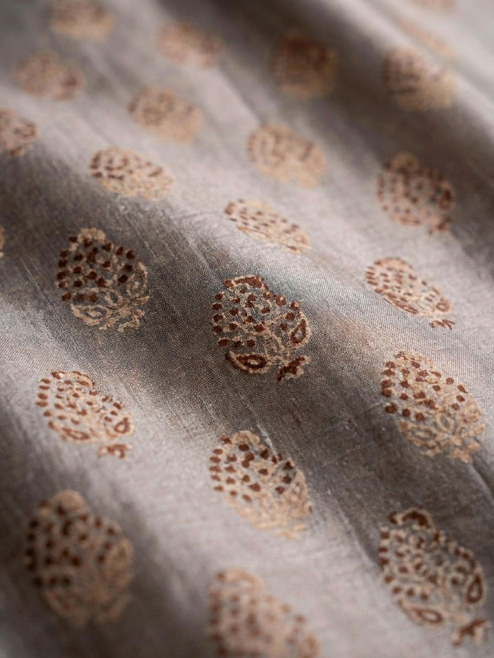 Grey Printed Chanderi Unstitched Dress Material