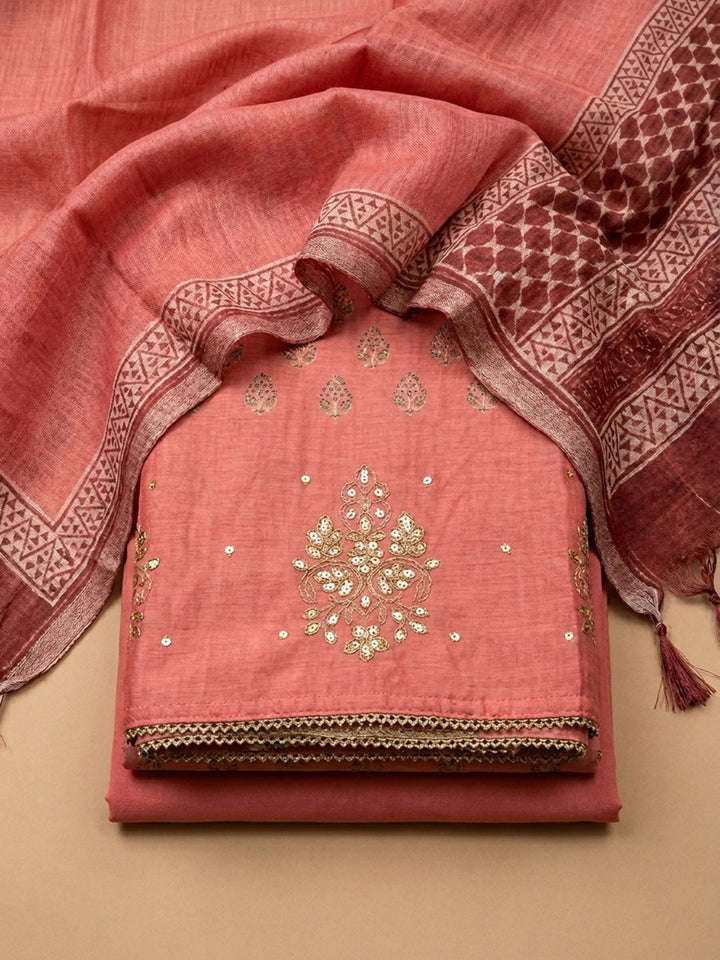 Onion Pink Printed Chanderi Unstitched Dress Material