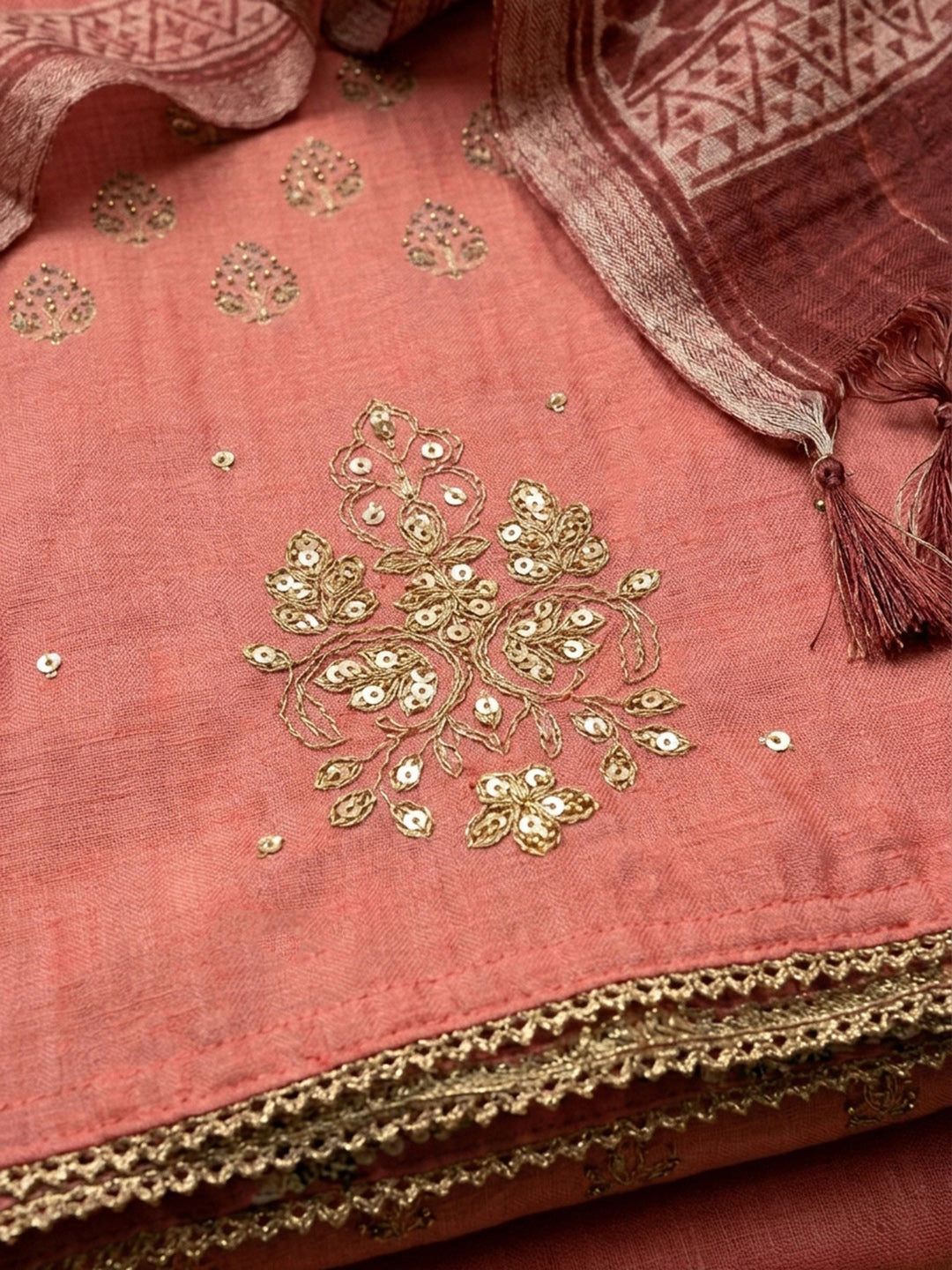 Onion Pink Printed Chanderi Unstitched Dress Material