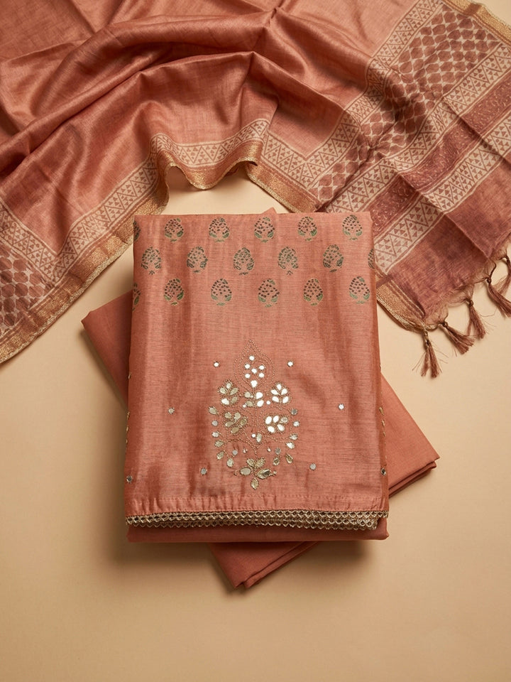 Peach Printed Chanderi Unstitched Dress Material