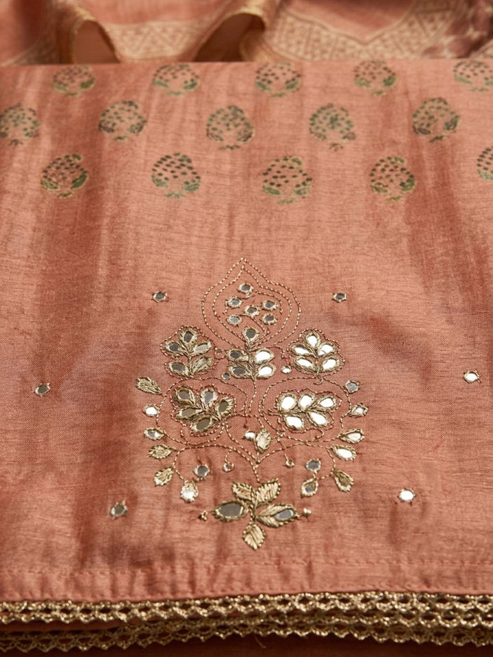Peach Printed Chanderi Unstitched Dress Material