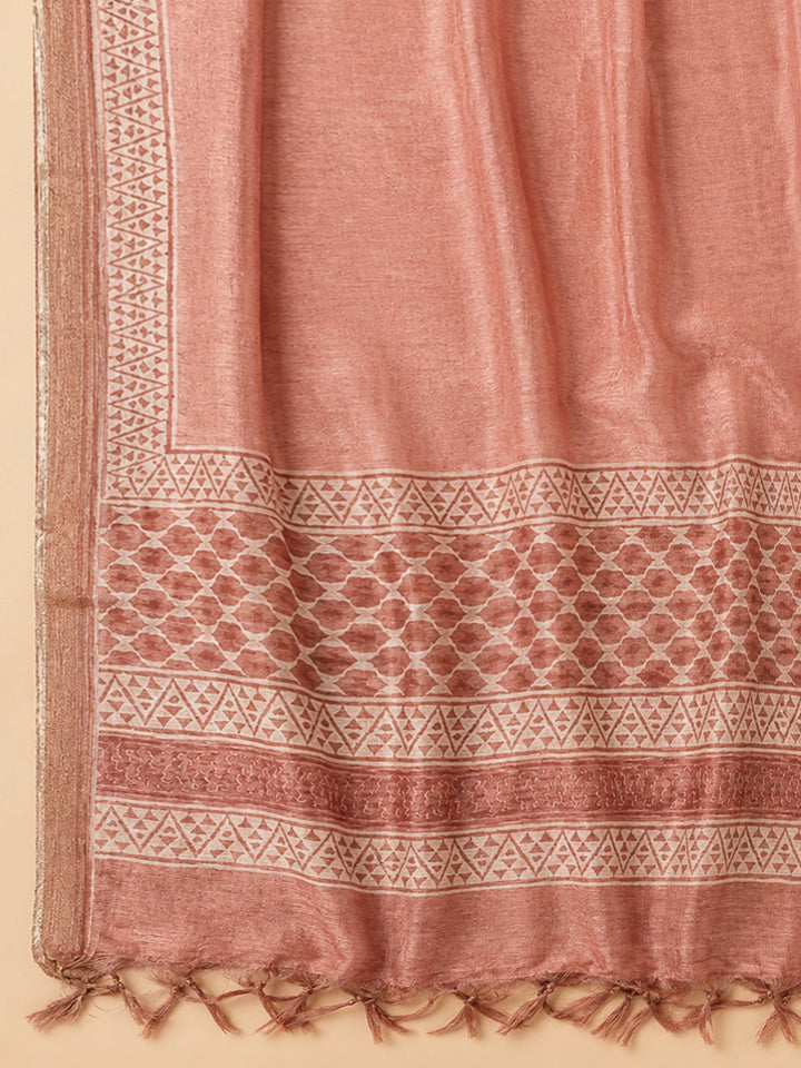 Peach Printed Chanderi Unstitched Dress Material