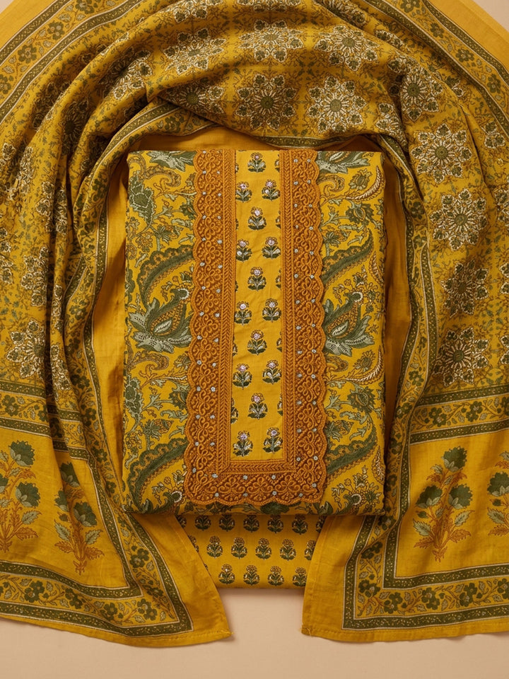 Mustard Embroidered Cotton Blend Unstitched Suit &amp; Pant With Cotton Dupatta