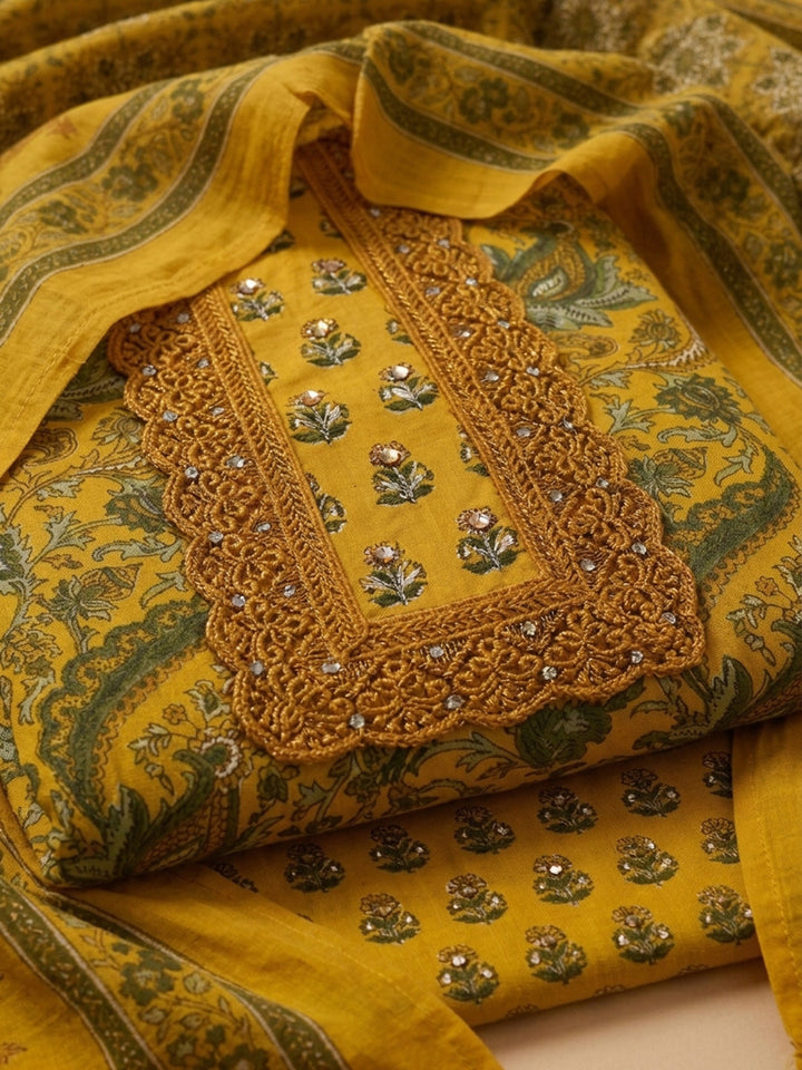 Mustard Embroidered Cotton Blend Unstitched Suit &amp; Pant With Cotton Dupatta