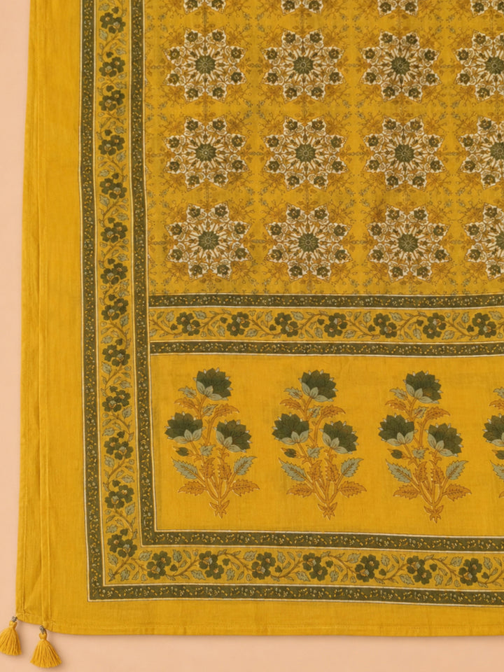 Mustard Embroidered Cotton Blend Unstitched Suit &amp; Pant With Cotton Dupatta