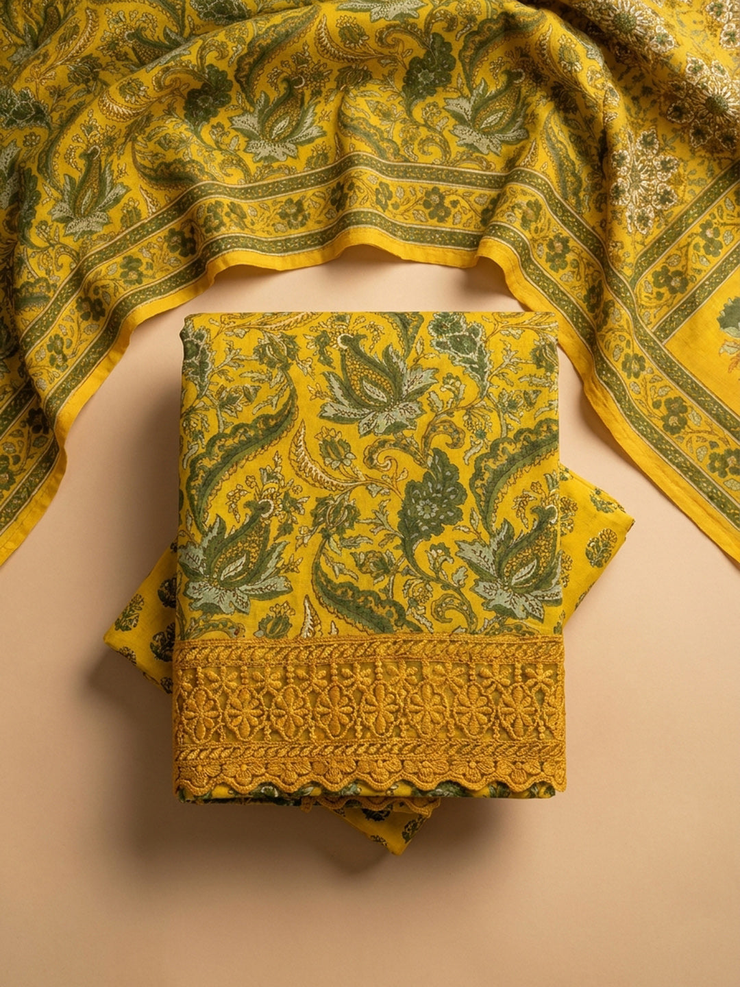 Mustard Embroidered Cotton Blend Unstitched Suit &amp; Pant With Cotton Dupatta