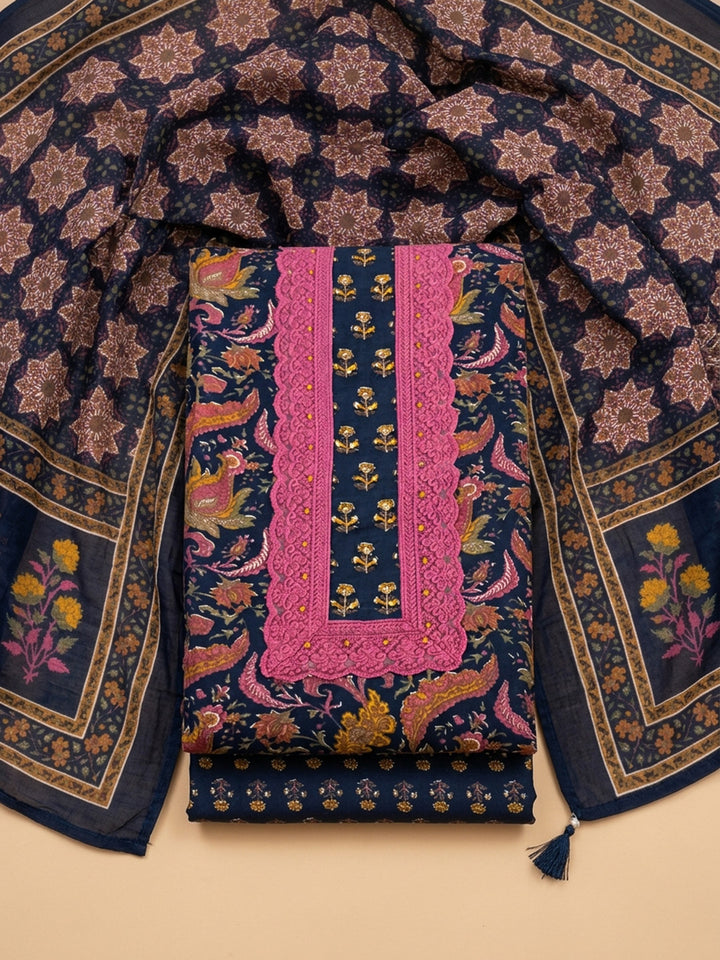 Navy Blue Embroidered Cotton Blend Unstitched Suit &amp; Pant With Cotton Dupatta
