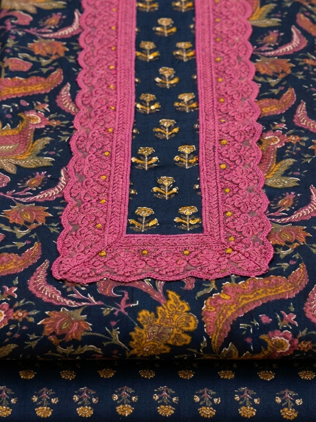 Navy Blue Embroidered Cotton Blend Unstitched Suit &amp; Pant With Cotton Dupatta