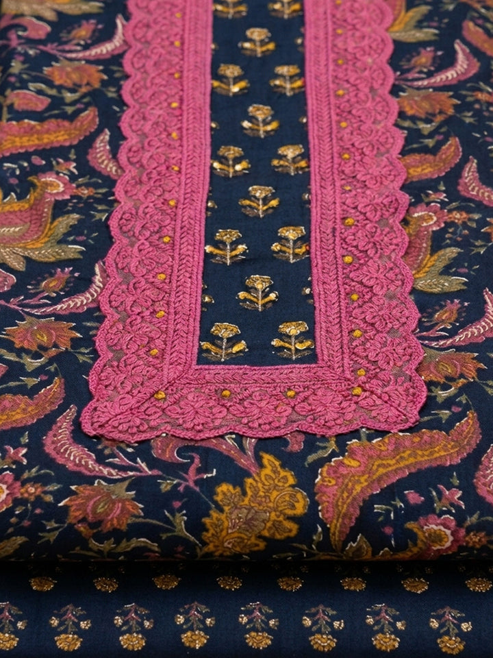 Navy Blue Embroidered Cotton Blend Unstitched Suit &amp; Pant With Cotton Dupatta