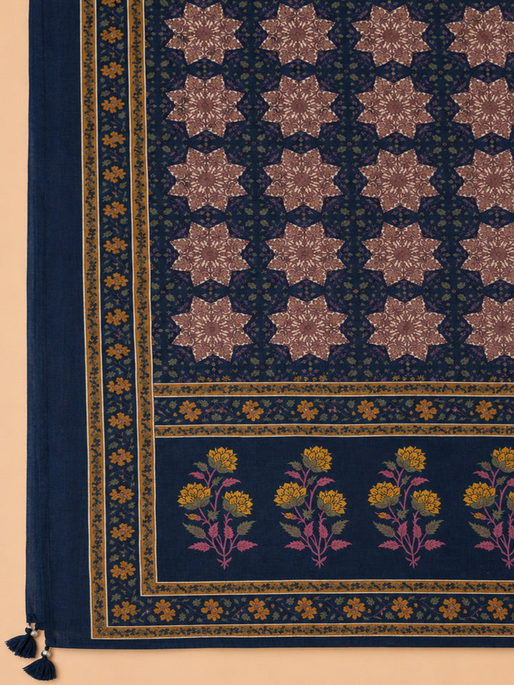 Navy Blue Embroidered Cotton Blend Unstitched Suit &amp; Pant With Cotton Dupatta