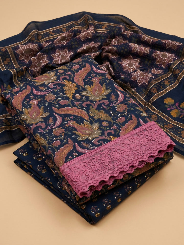 Navy Blue Embroidered Cotton Blend Unstitched Suit &amp; Pant With Cotton Dupatta