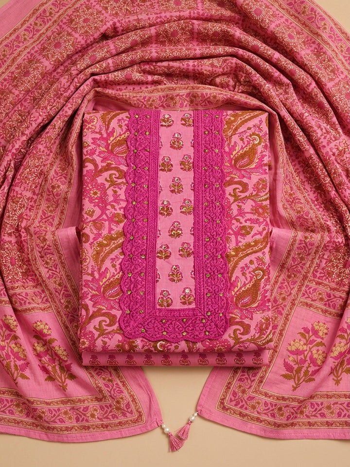 Pink Embroidered Cotton Blend Unstitched Suit &amp; Pant With Cotton Dupatta
