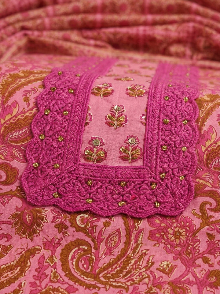 Pink Embroidered Cotton Blend Unstitched Suit &amp; Pant With Cotton Dupatta