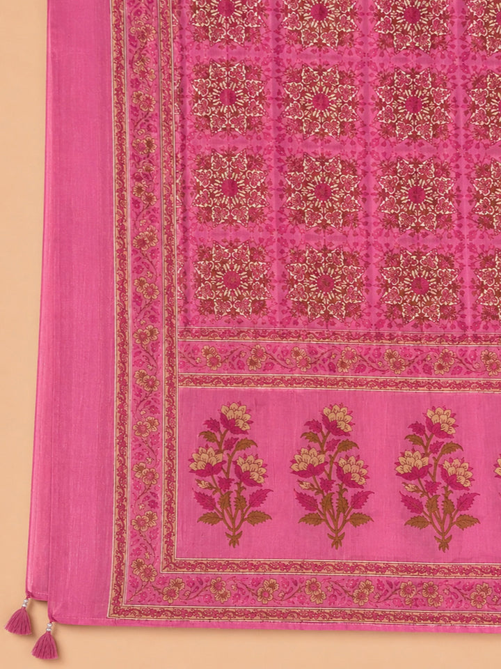 Pink Embroidered Cotton Blend Unstitched Suit &amp; Pant With Cotton Dupatta