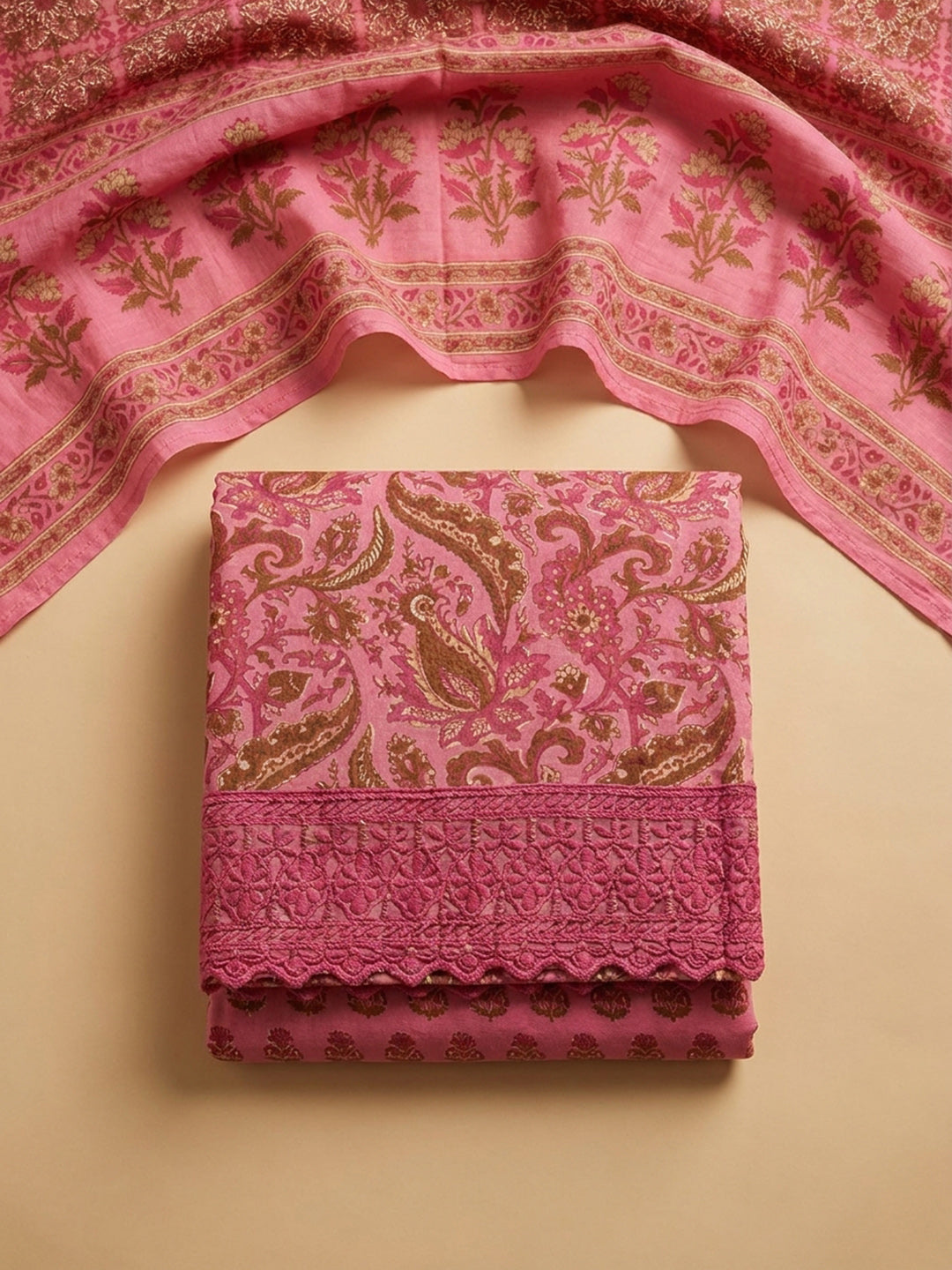 Pink Embroidered Cotton Blend Unstitched Suit &amp; Pant With Cotton Dupatta