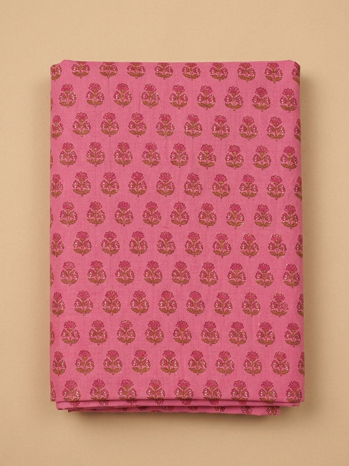 Pink Embroidered Cotton Blend Unstitched Suit &amp; Pant With Cotton Dupatta