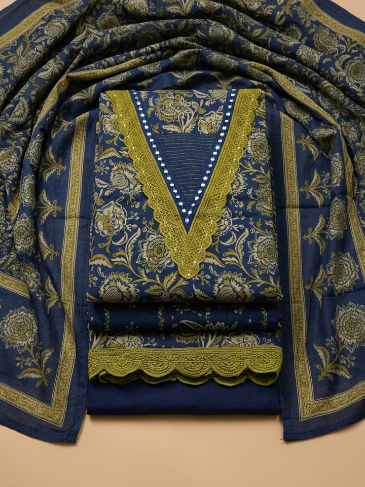 Blue Embroidery Cotton Blend Unstitched Dress Material