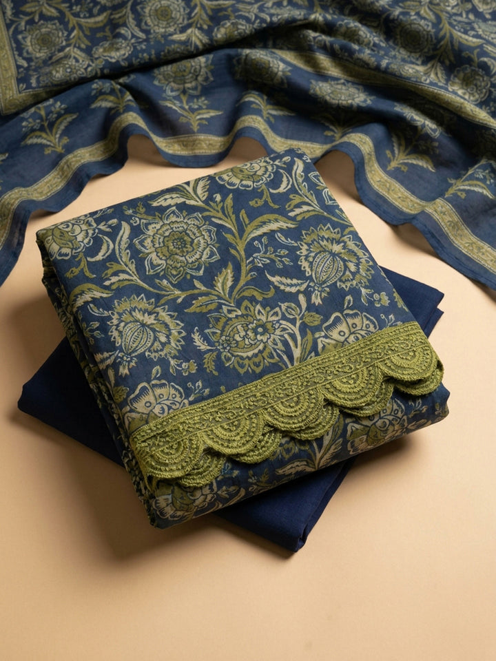Blue Embroidery Cotton Blend Unstitched Dress Material