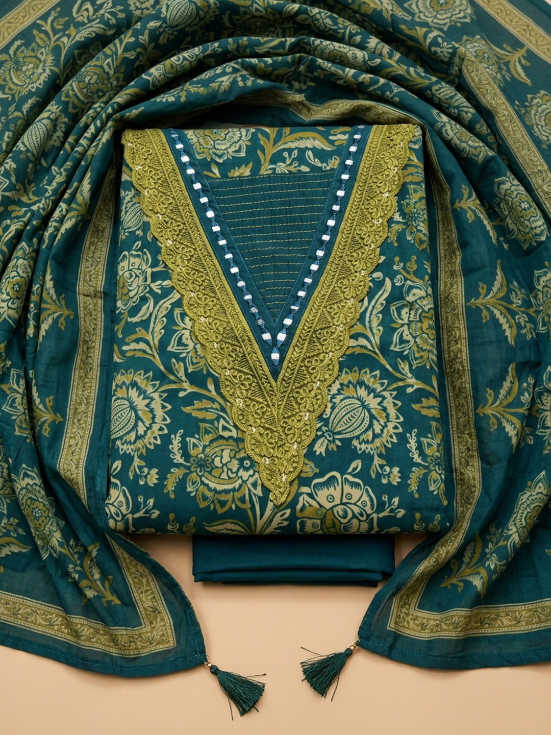 Green Embroidery Cotton Blend Unstitched Dress Material