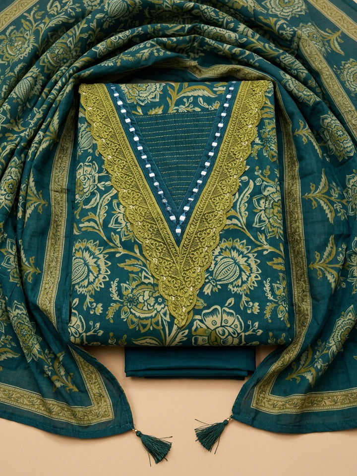 Green Embroidery Cotton Blend Unstitched Dress Material