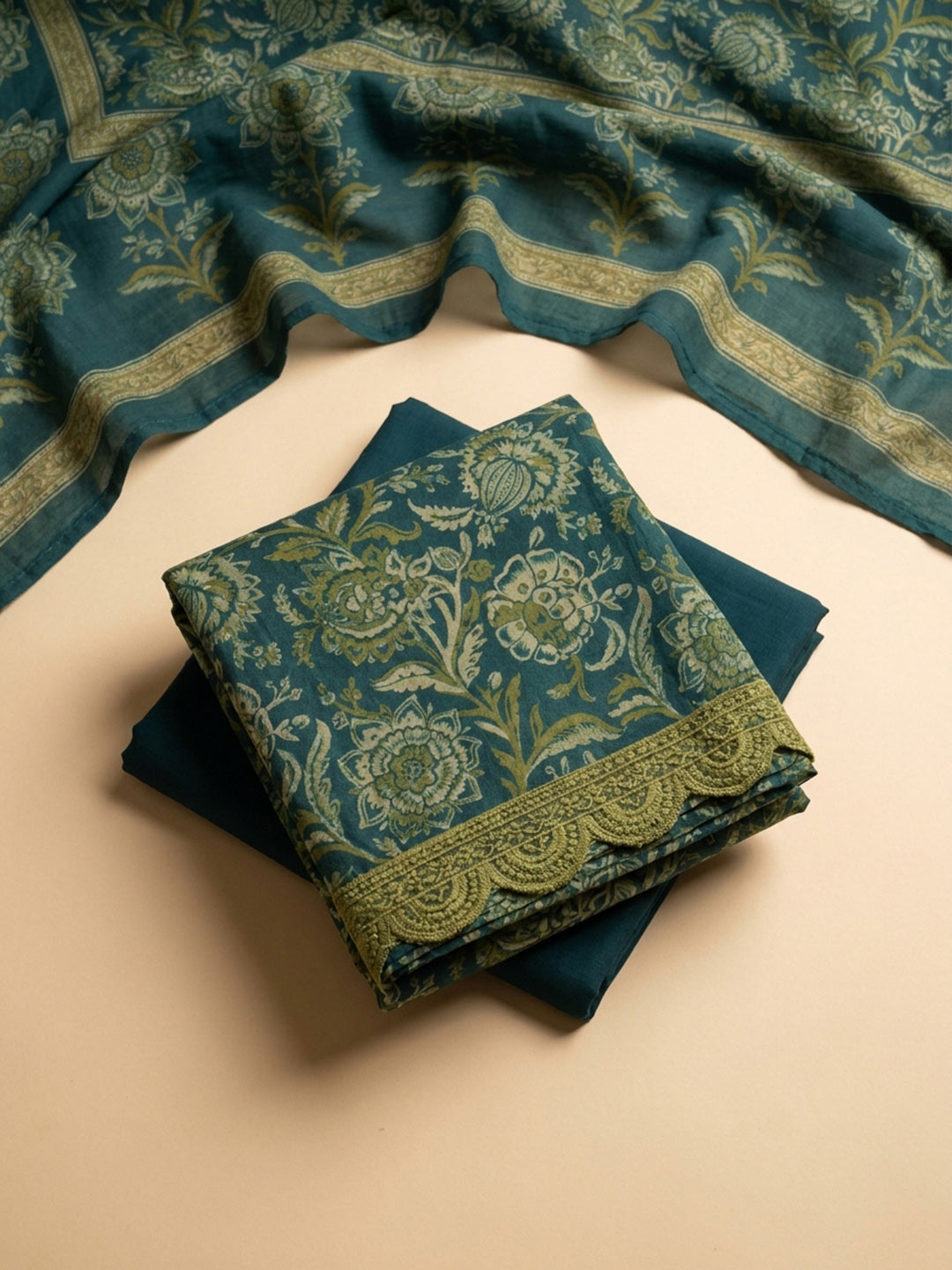 Green Embroidery Cotton Blend Unstitched Dress Material