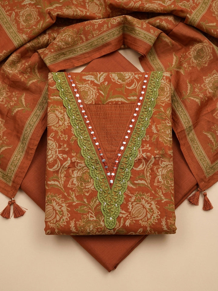 Rust Embroidery Cotton Blend Unstitched Dress Material