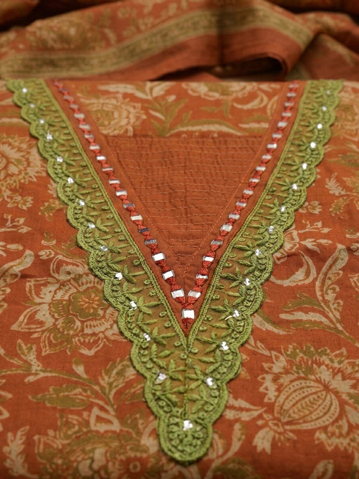 Rust Embroidery Cotton Blend Unstitched Dress Material
