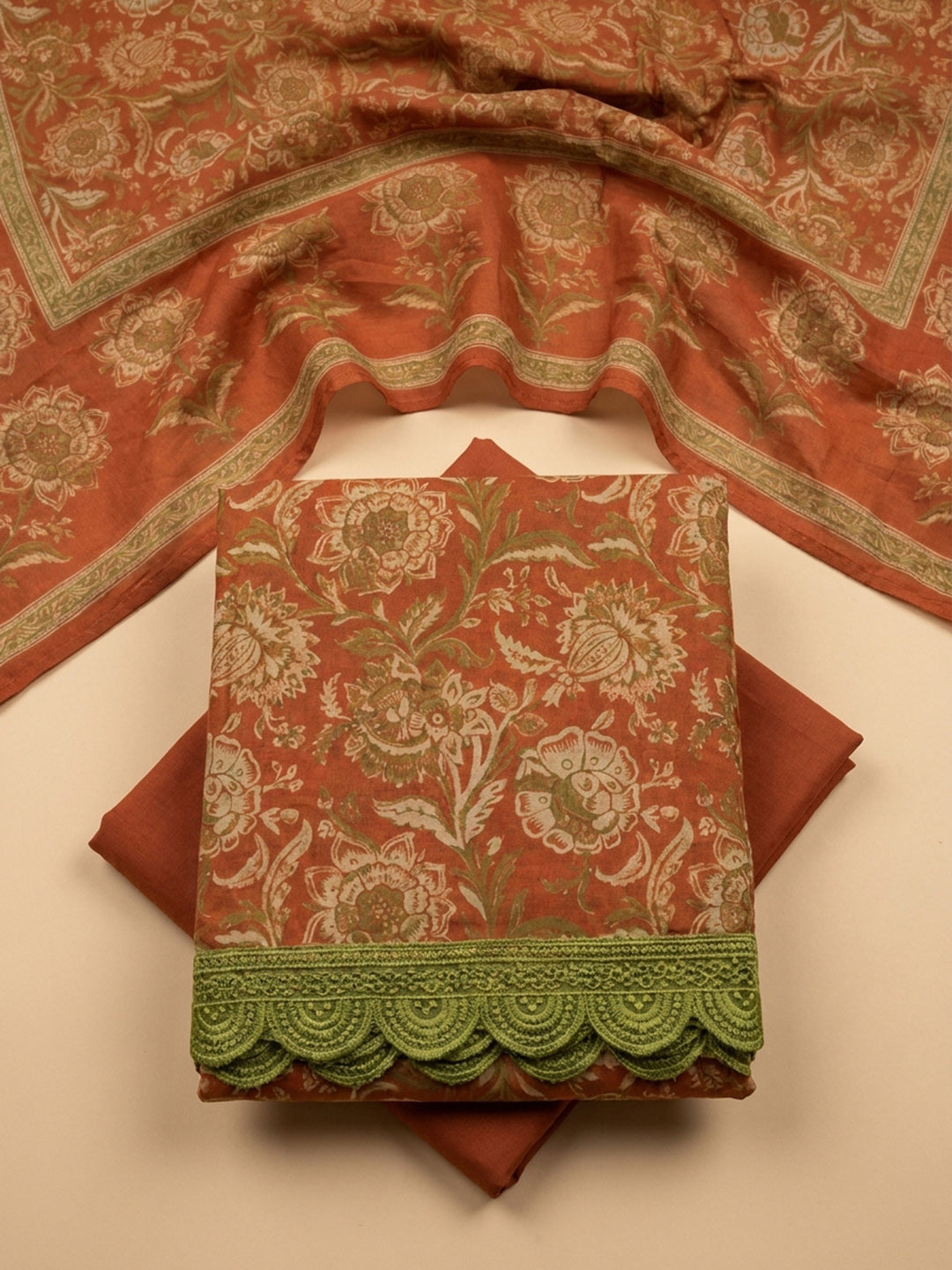 Rust Embroidery Cotton Blend Unstitched Dress Material