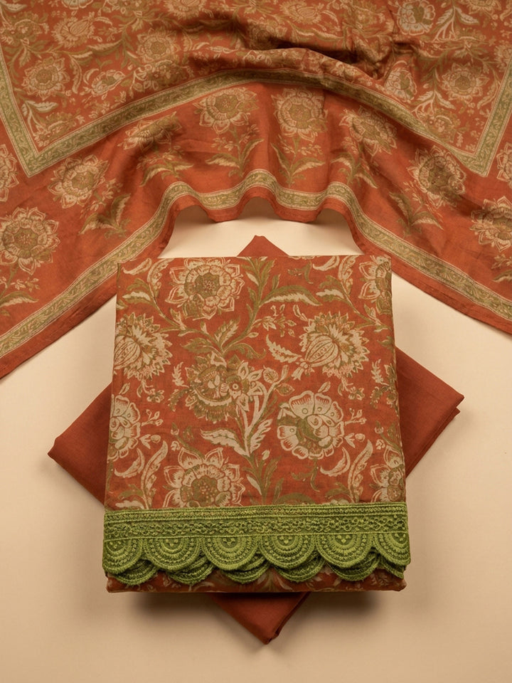 Rust Embroidery Cotton Blend Unstitched Dress Material
