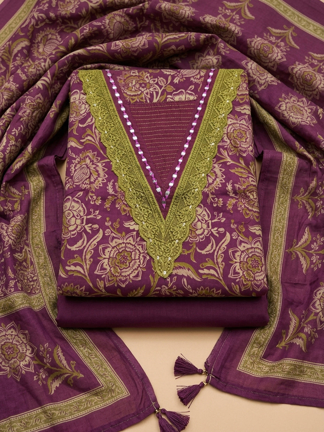 Wine Embroidery Cotton Blend Unstitched Dress Material