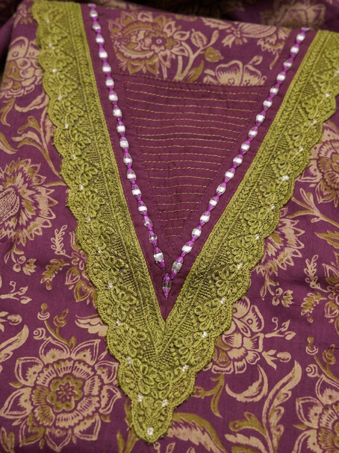 Wine Embroidery Cotton Blend Unstitched Dress Material