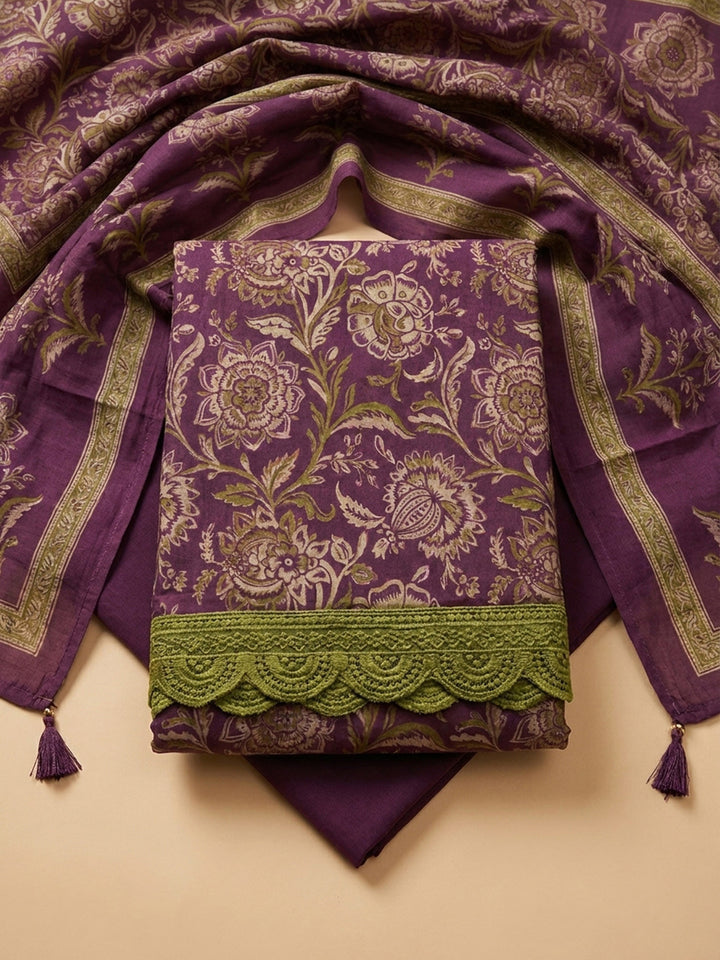 Wine Embroidery Cotton Blend Unstitched Dress Material