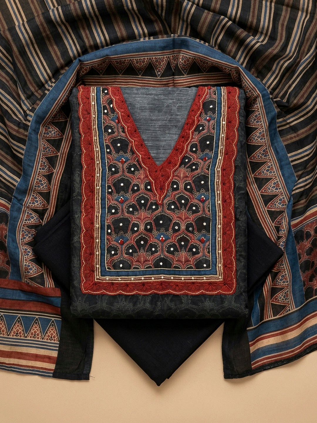 Black Yoke Embroidery Chanderi Unstitched Dress Material