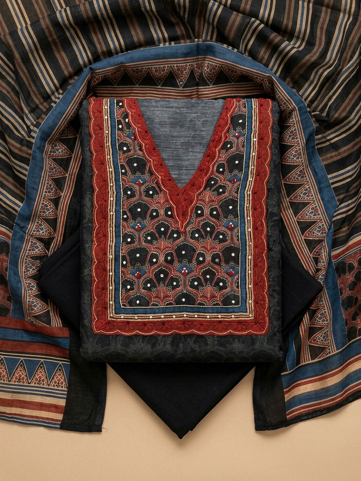 Black Yoke Embroidery Chanderi Unstitched Dress Material