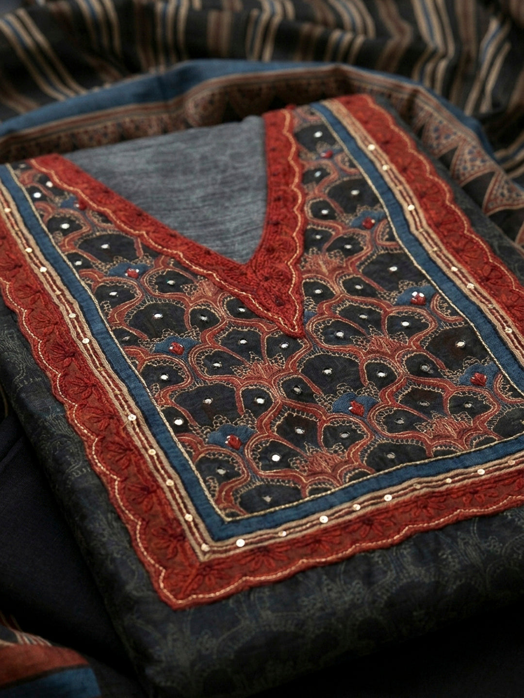 Black Yoke Embroidery Chanderi Unstitched Dress Material