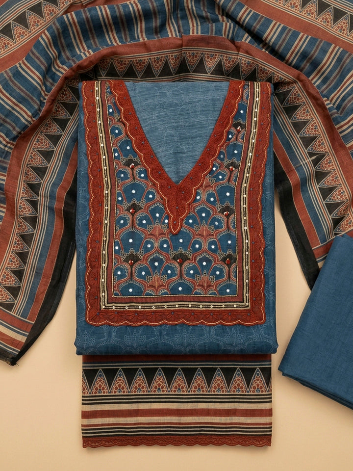 Blue Yoke Embroidery Chanderi Unstitched Dress Material