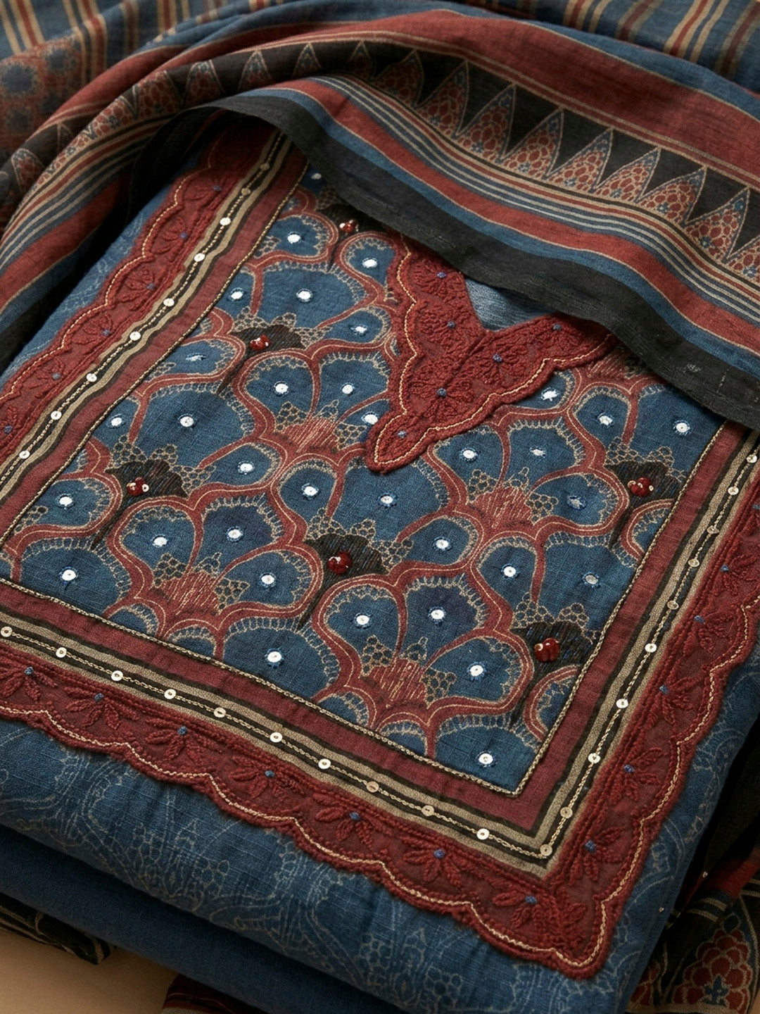 Blue Yoke Embroidery Chanderi Unstitched Dress Material