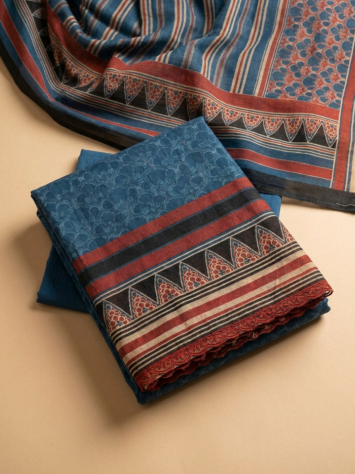 Blue Yoke Embroidery Chanderi Unstitched Dress Material