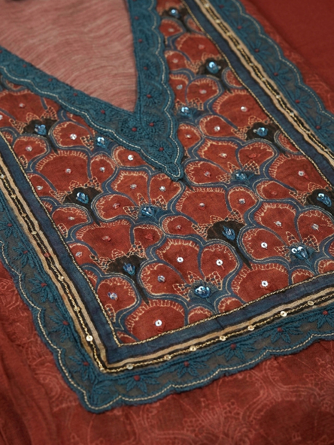 Maroon Yoke Embroidery Chanderi Unstitched Dress Material