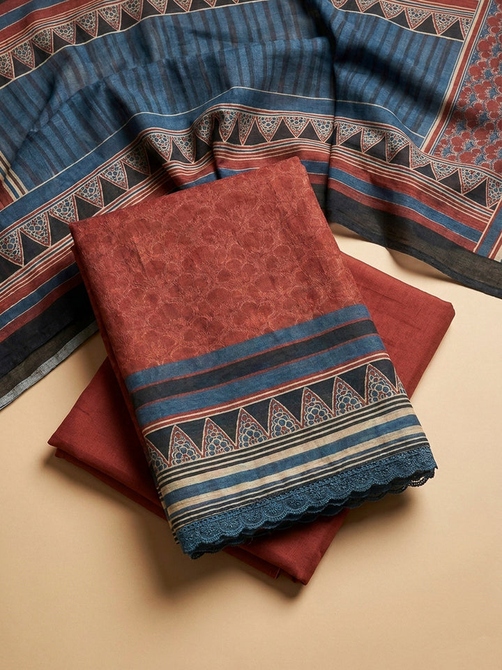 Maroon Yoke Embroidery Chanderi Unstitched Dress Material