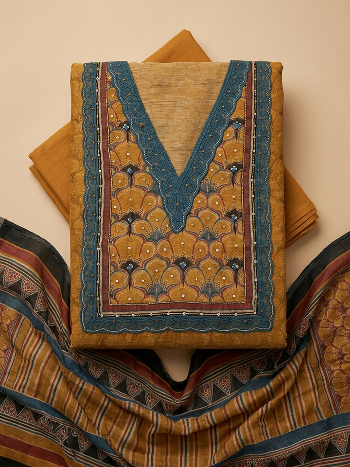 Mustard Yoke Embroidery Chanderi Unstitched Dress Material