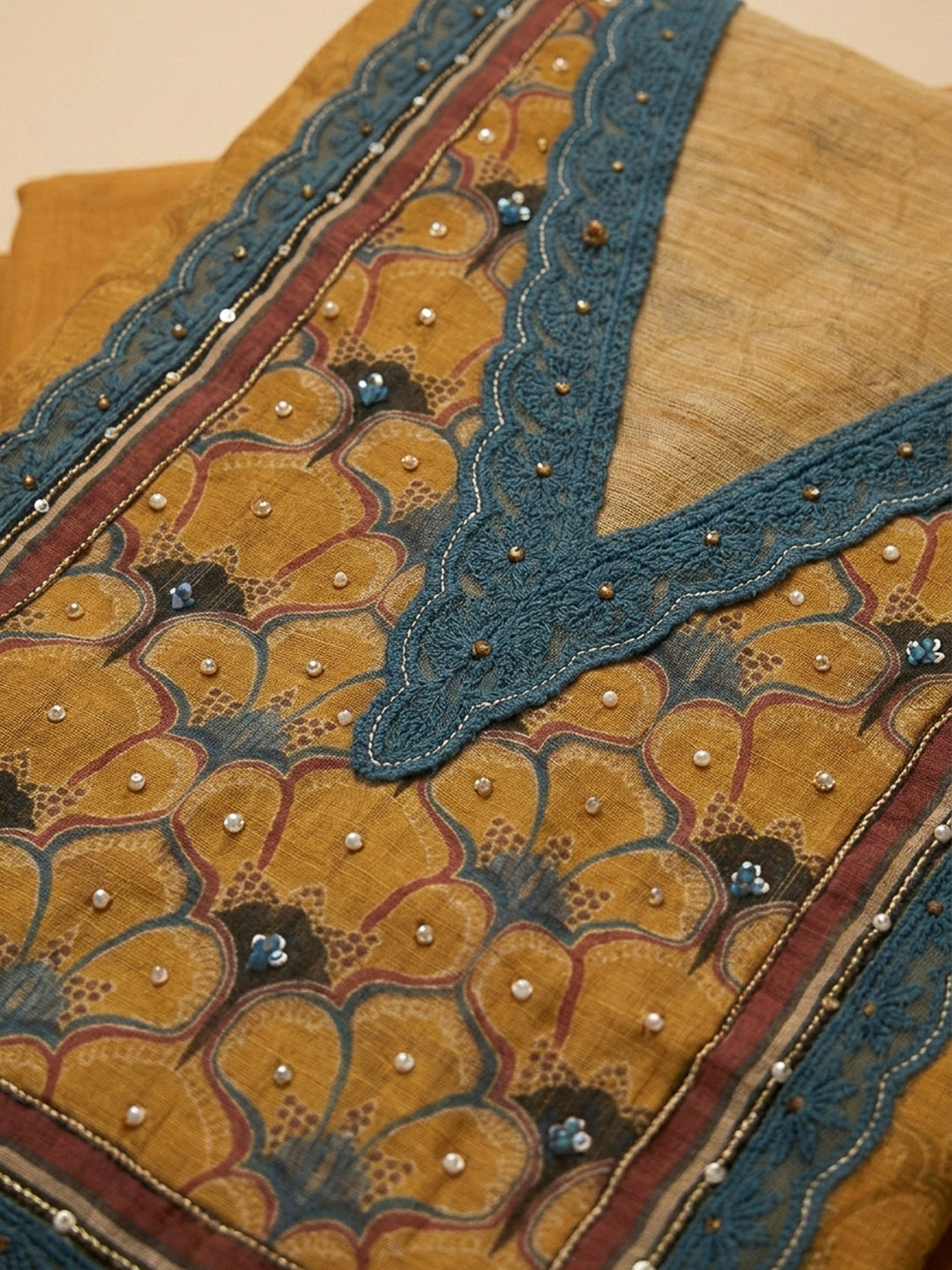 Mustard Yoke Embroidery Chanderi Unstitched Dress Material