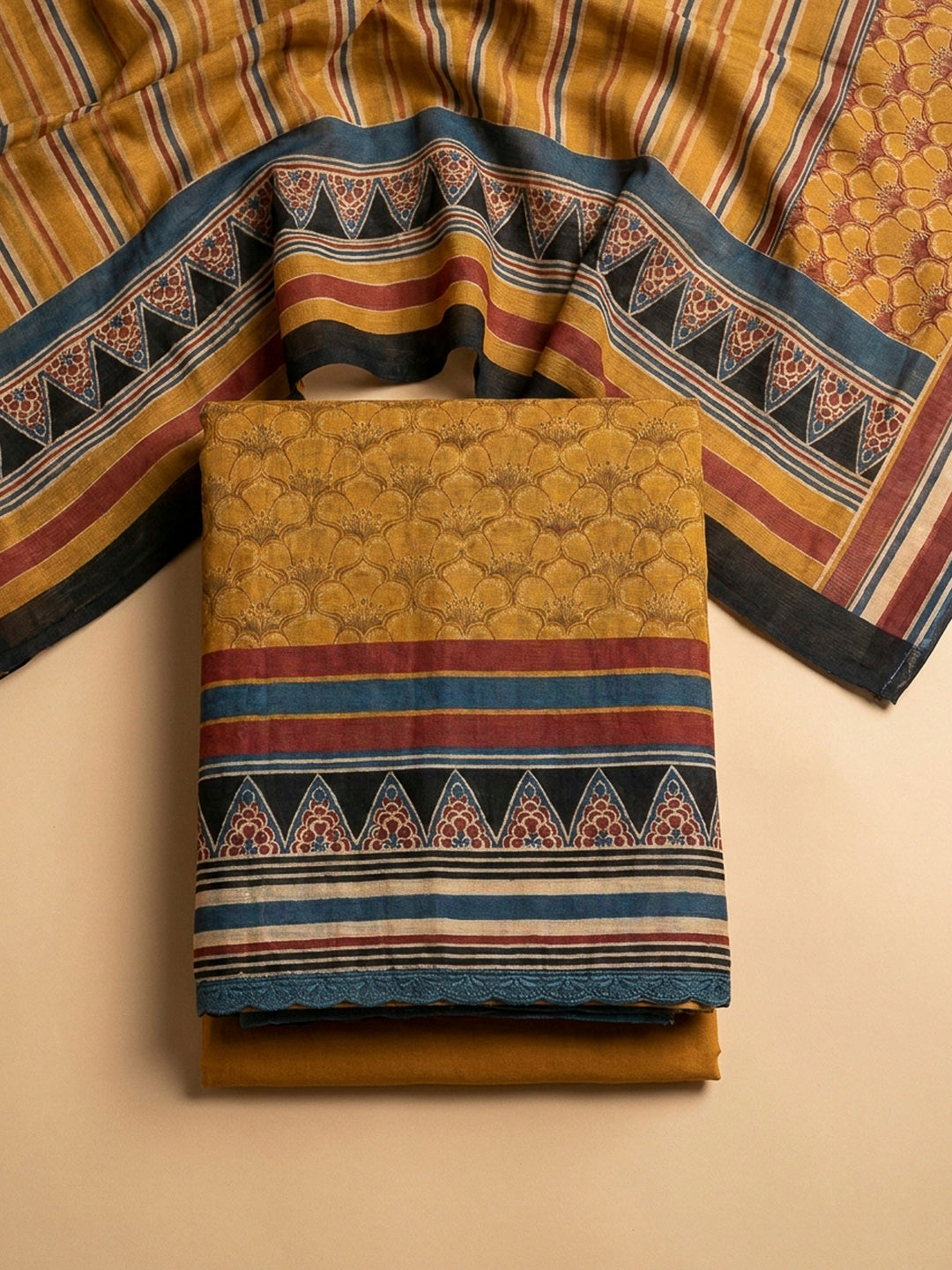 Mustard Yoke Embroidery Chanderi Unstitched Dress Material