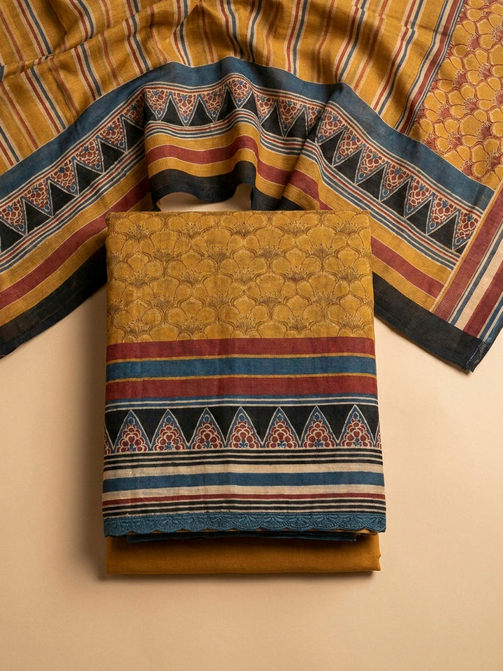 Mustard Yoke Embroidery Chanderi Unstitched Dress Material