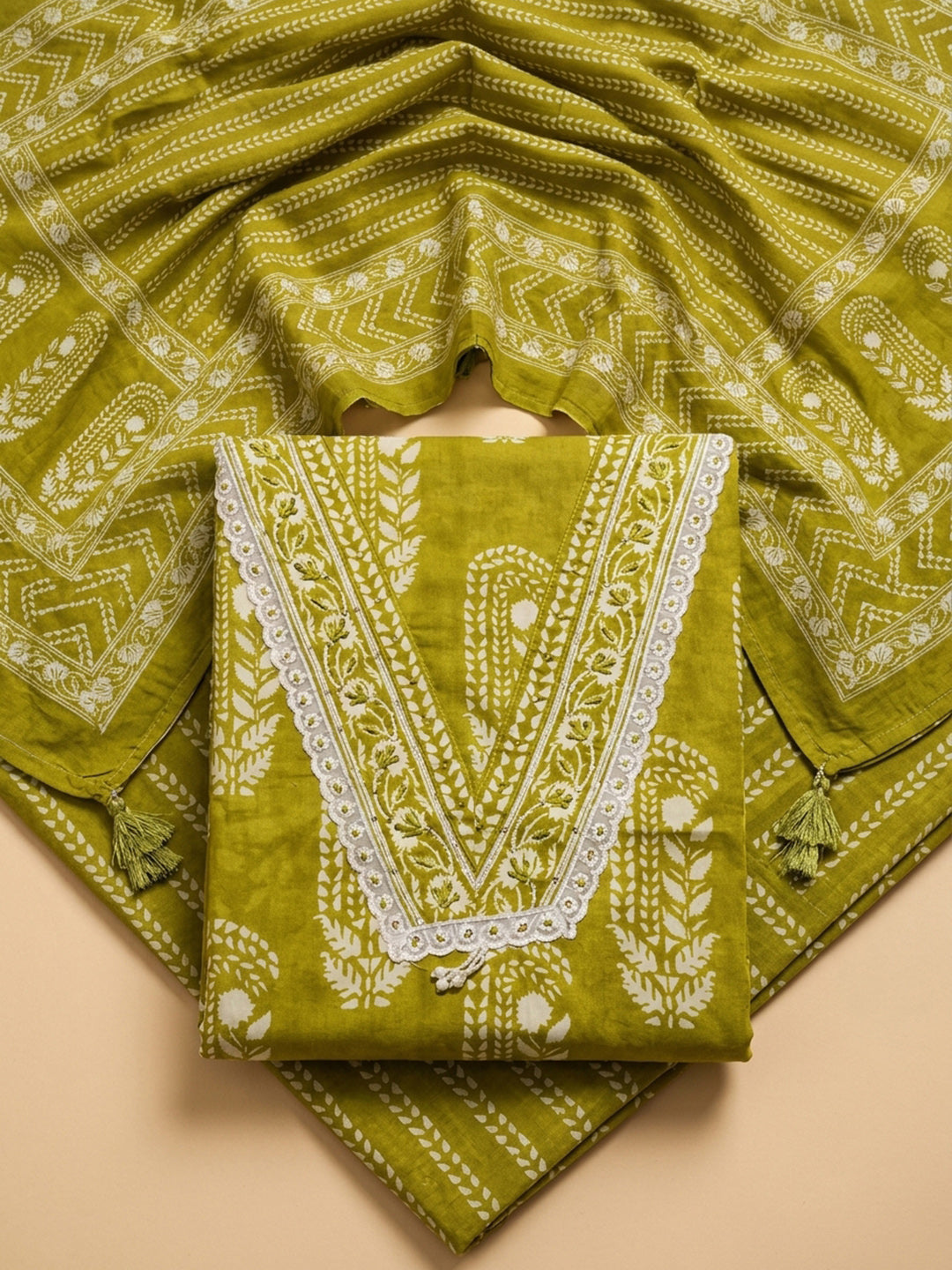Green Embroidery Cotton Blend Unstitched Dress Material