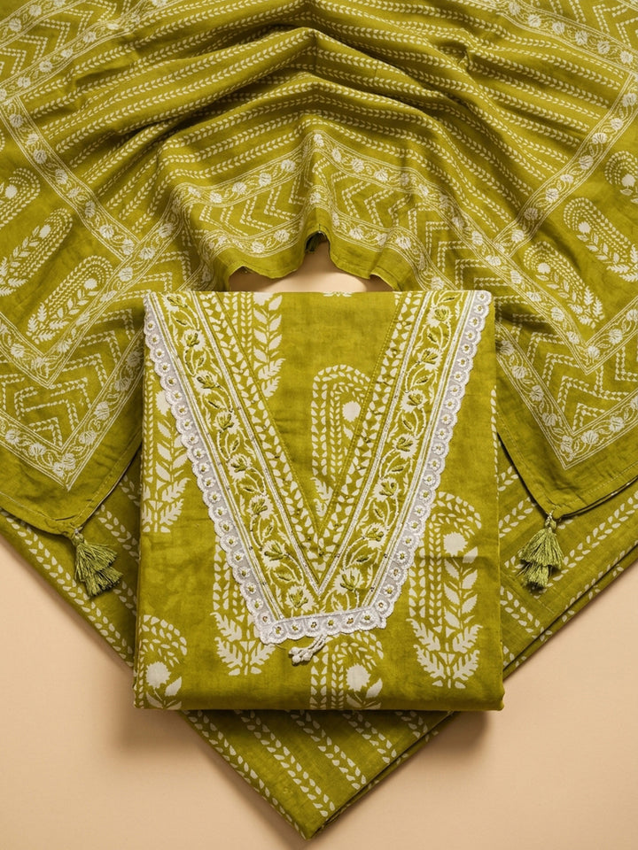 Green Embroidery Cotton Blend Unstitched Dress Material