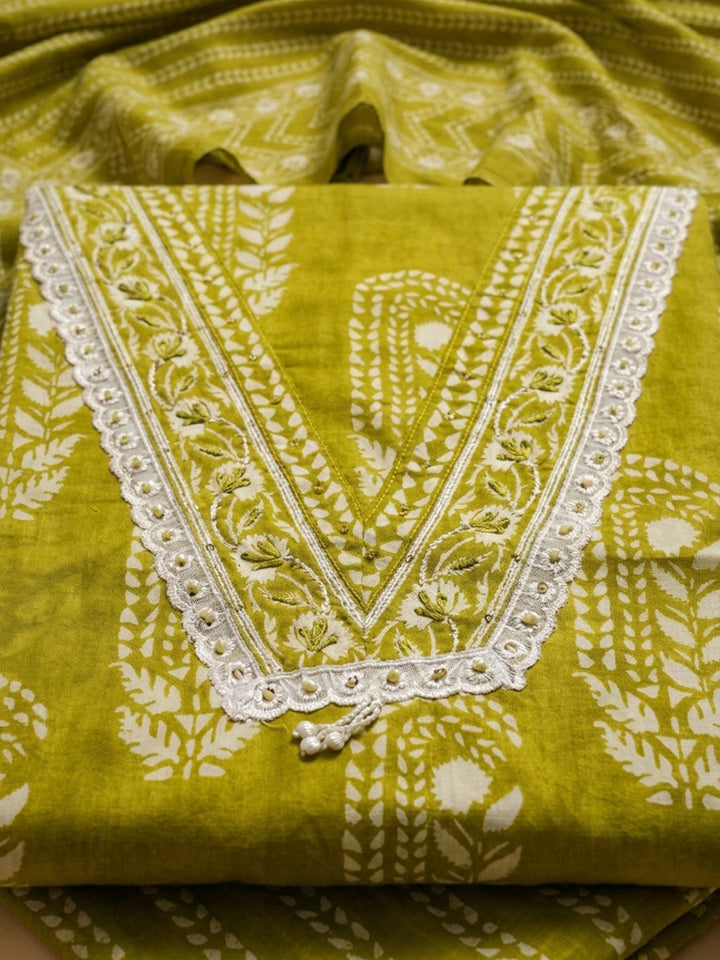 Green Embroidery Cotton Blend Unstitched Dress Material