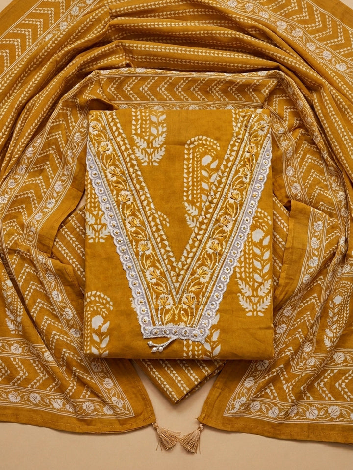 Mustard Embroidery Cotton Blend Unstitched Dress Material