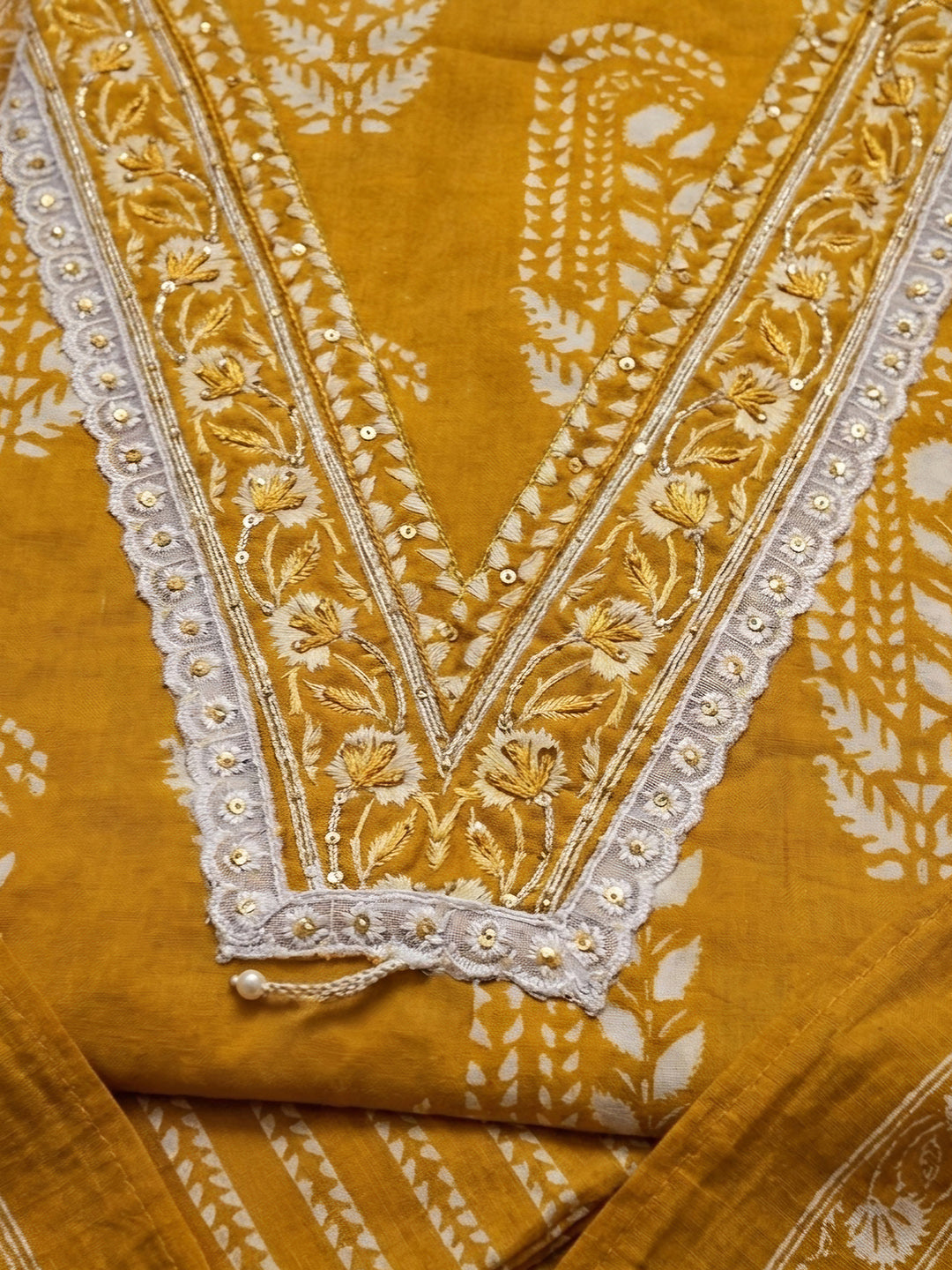 Mustard Embroidery Cotton Blend Unstitched Dress Material
